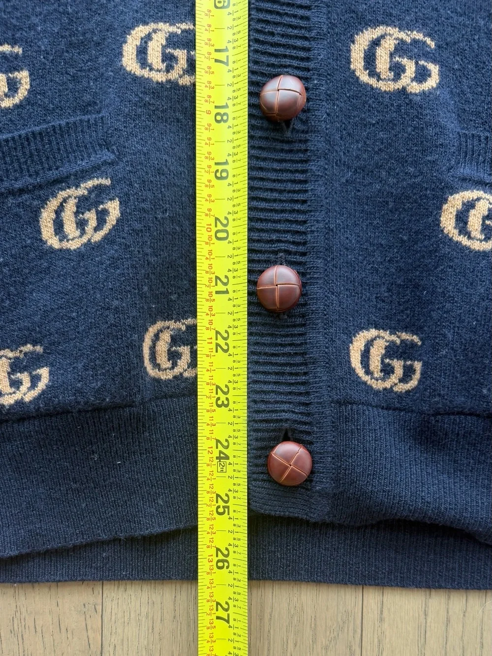 Gucci Navy and Beige 100% Wool GG Logo Cardigan